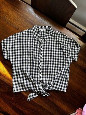 Always and Forever Short Sleeve Checkered Tie Front Top